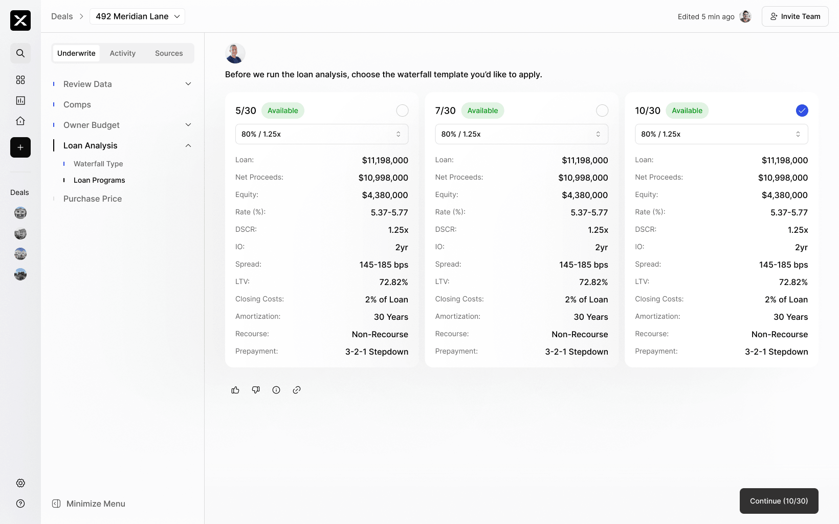 NOAL financing view comparing live loan executions and capital-stack scenarios side by side