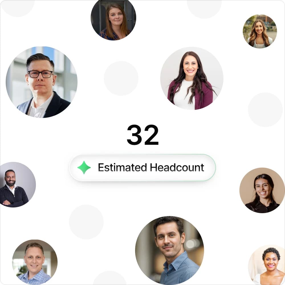 Portraits of on-site staff arranged around an estimated headcount of 32.