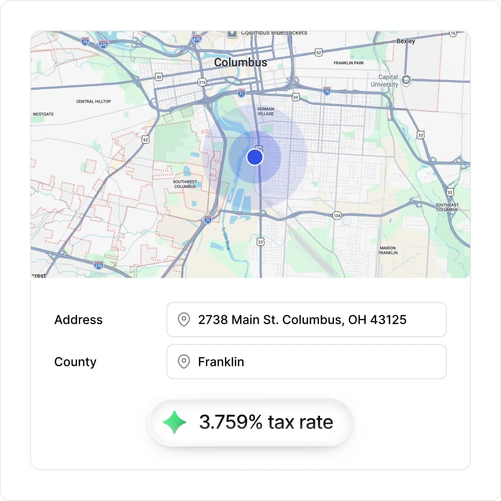 A property location map above address and county fields, resolving to a 3.759% tax rate.