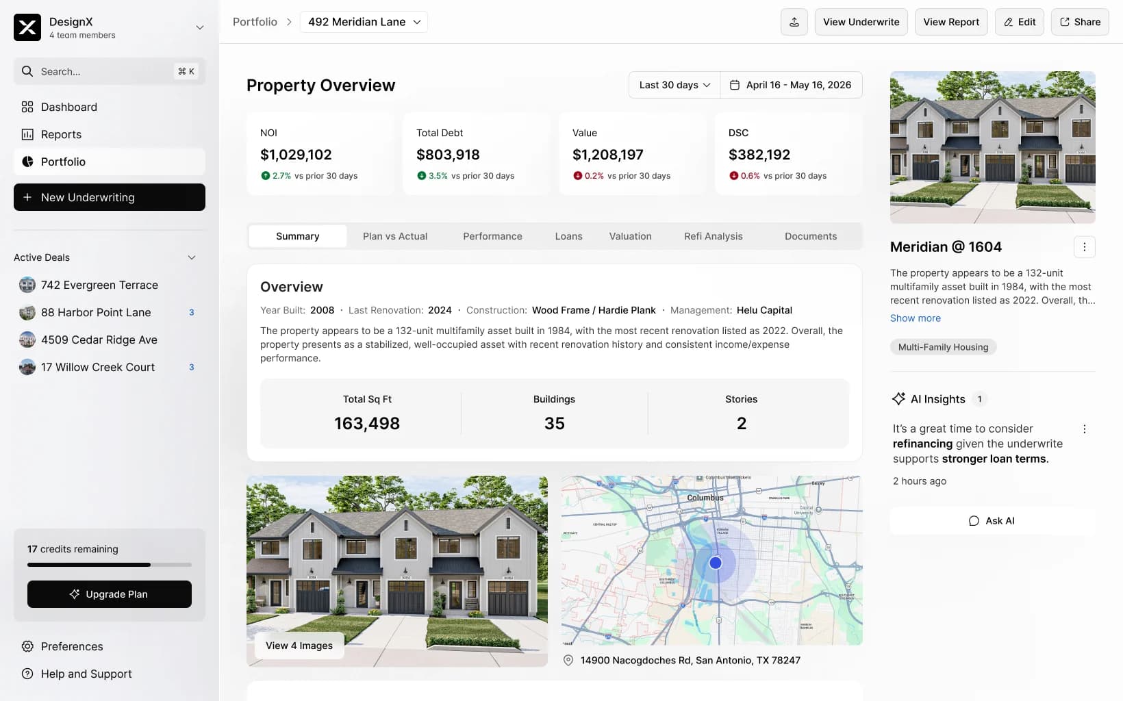 A generated property overview deck page with metrics, narrative, photos, and a map.