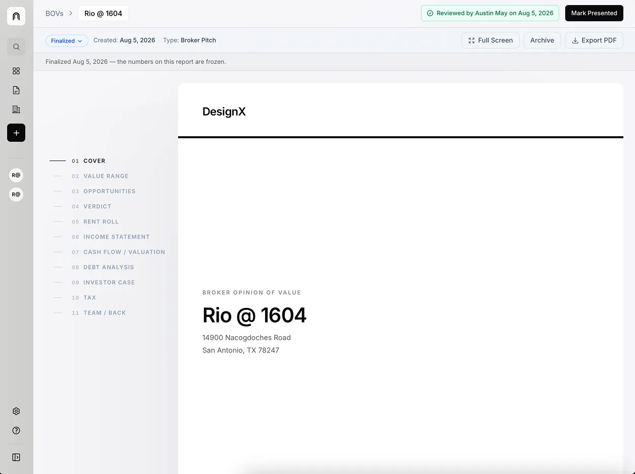 A finalized broker opinion of value for Rio @ 1604, its cover page carrying the firm’s own DesignX wordmark beside an eleven-section contents list.