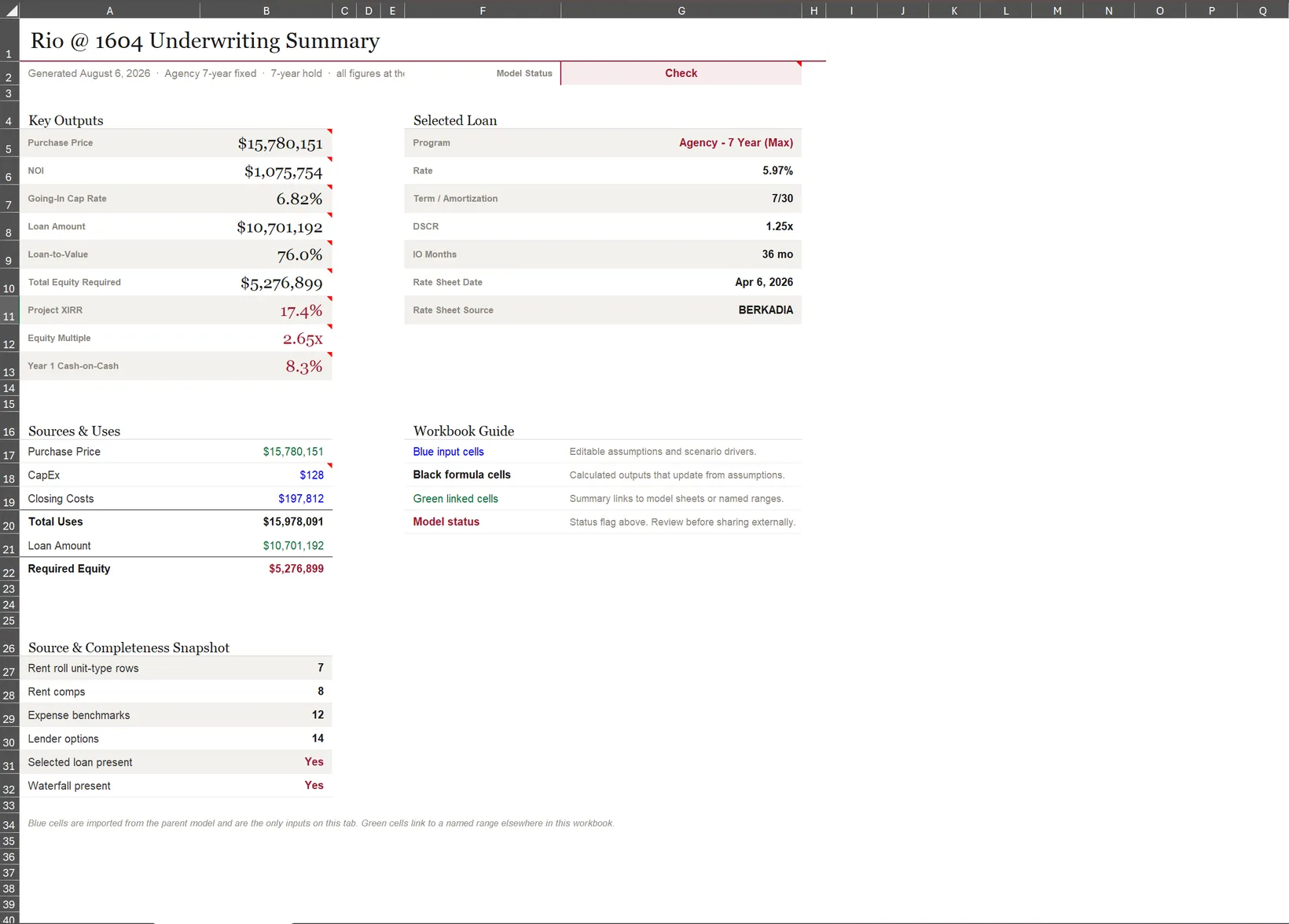 A firm’s own Excel underwriting model populated by Noal, with its existing tabs and line items intact.
