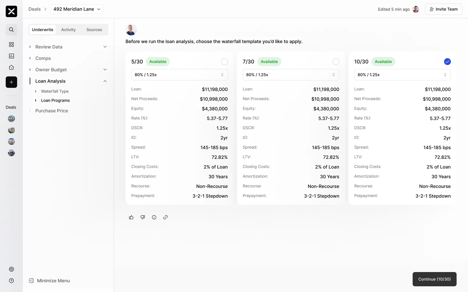 Three lender executions side by side comparing proceeds, equity, rate, DSCR, and closing costs.