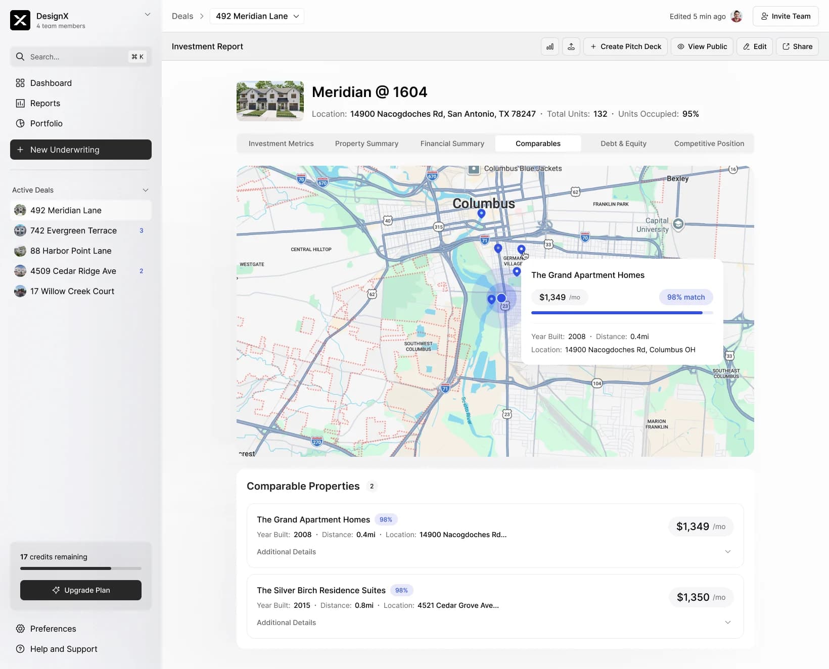 A comparables map with a ranked list of nearby properties and their rents.