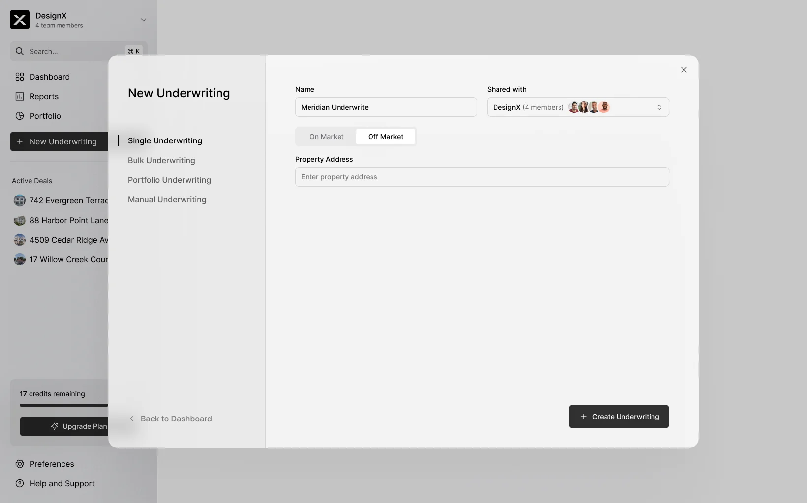 The new underwriting dialog with On Market and Off Market modes and a property address field.