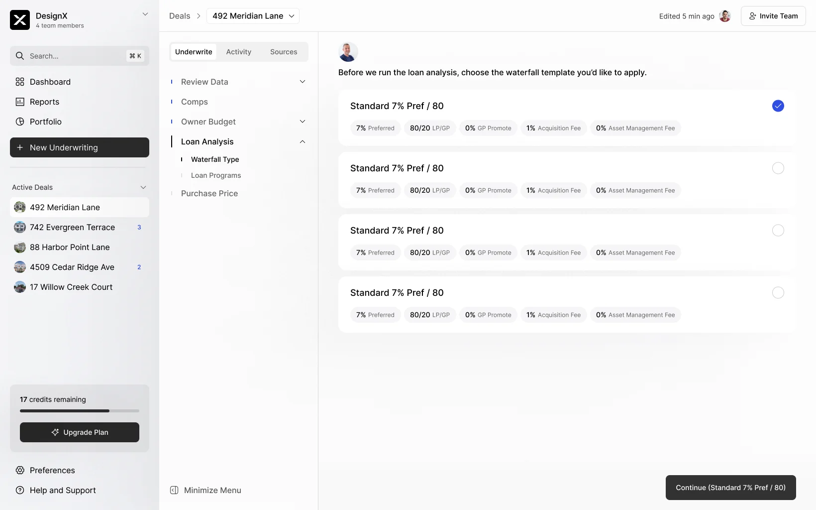 A list of selectable waterfall templates with preferred return and promote splits.