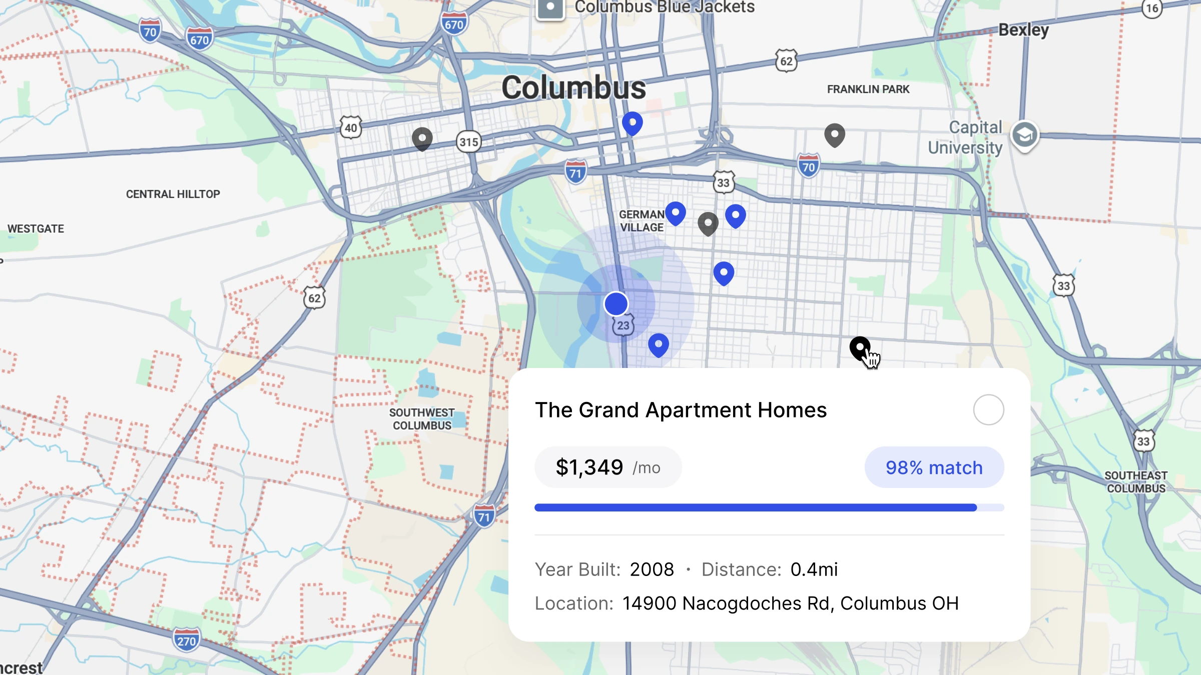 NOAL comp analysis map view with ranked comparable properties pinned on a Columbus submarket