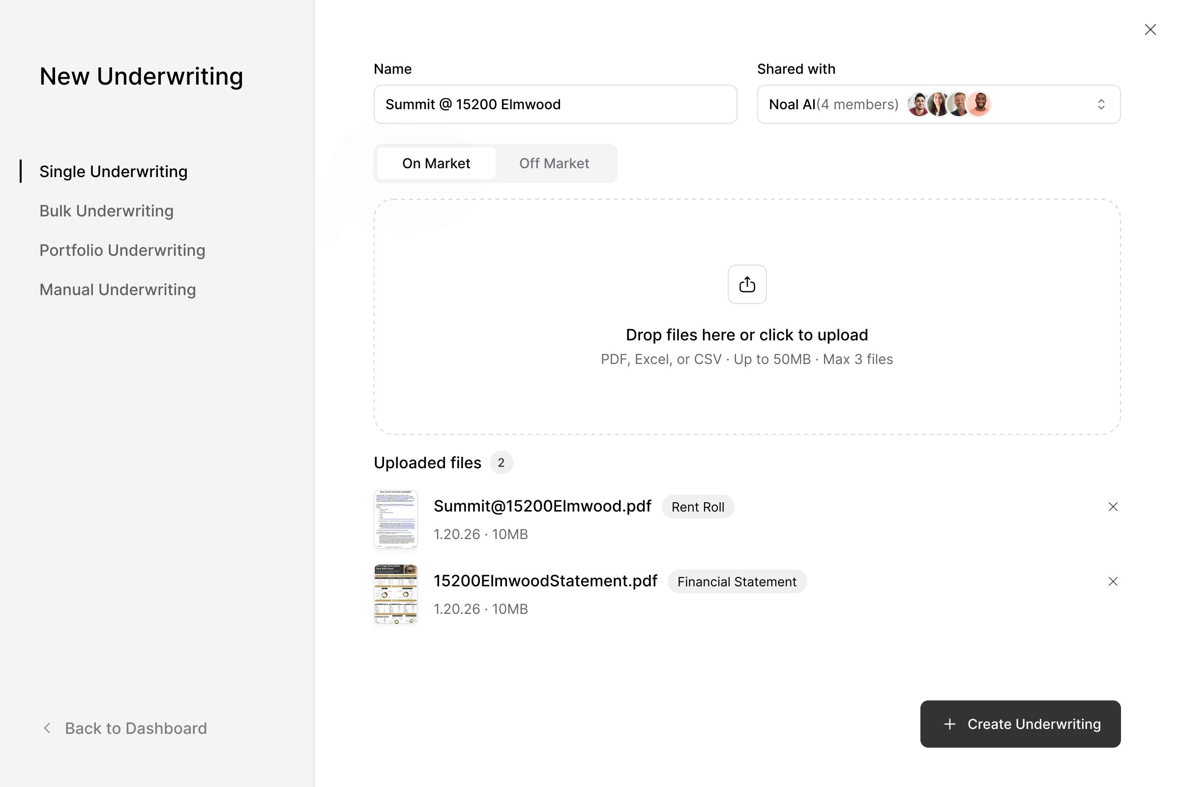 NOAL new-underwriting modal with drag-and-drop file upload and tagged source documents