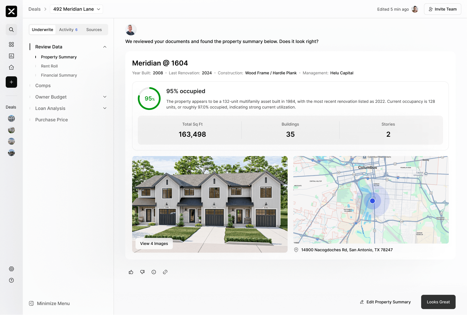 NOAL underwriting workspace with auto-populated property facts, comps, and risk flags